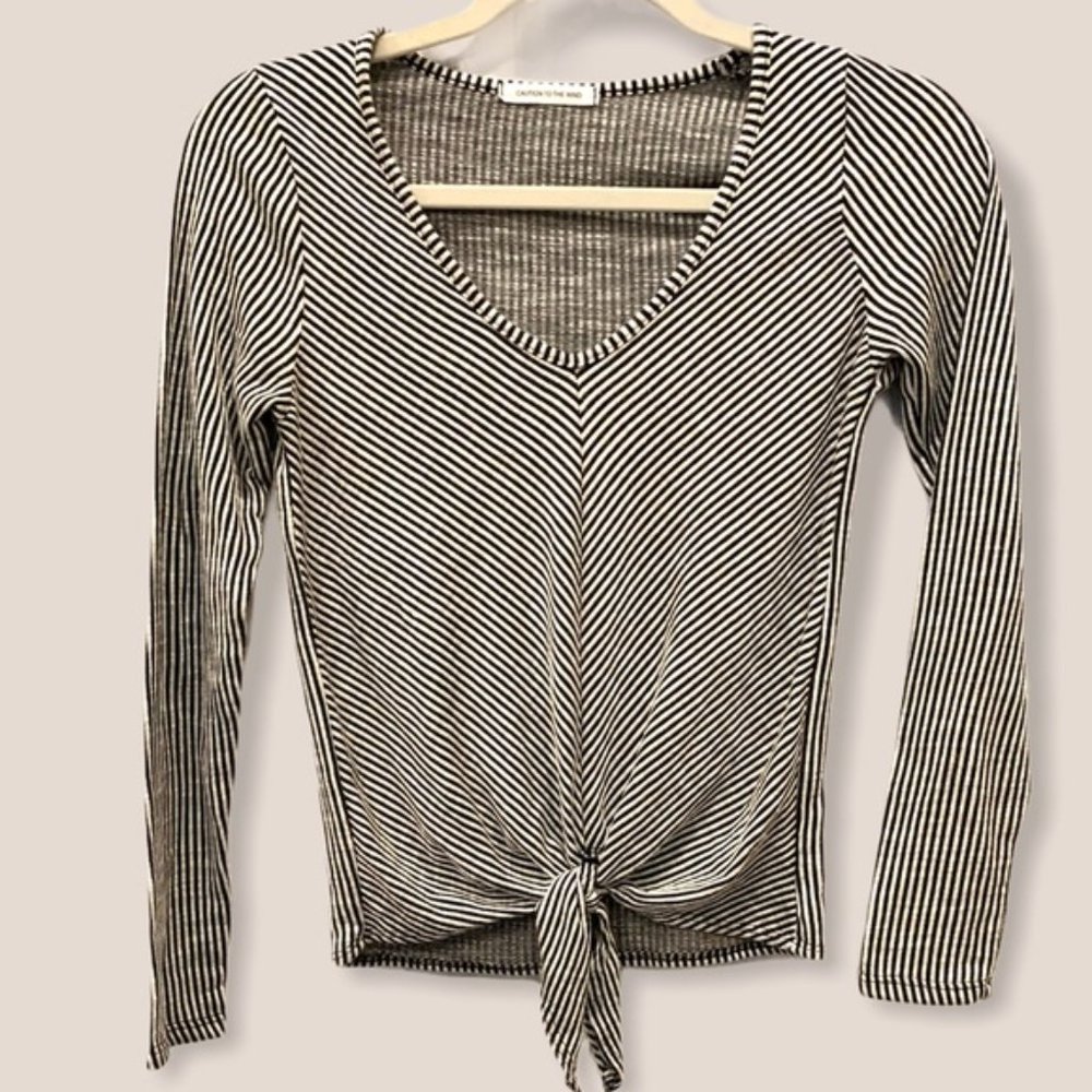 Caution to the Wind Tie Waist Long Sleeve Striped Tee Shirt Blouse